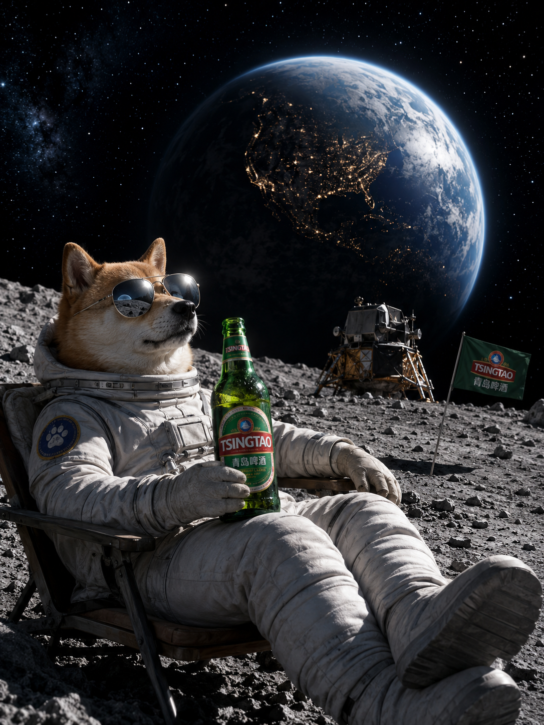 GPT-Image-2 生成的月球上戴墨镜的青岛啤酒柴犬宇航员示例